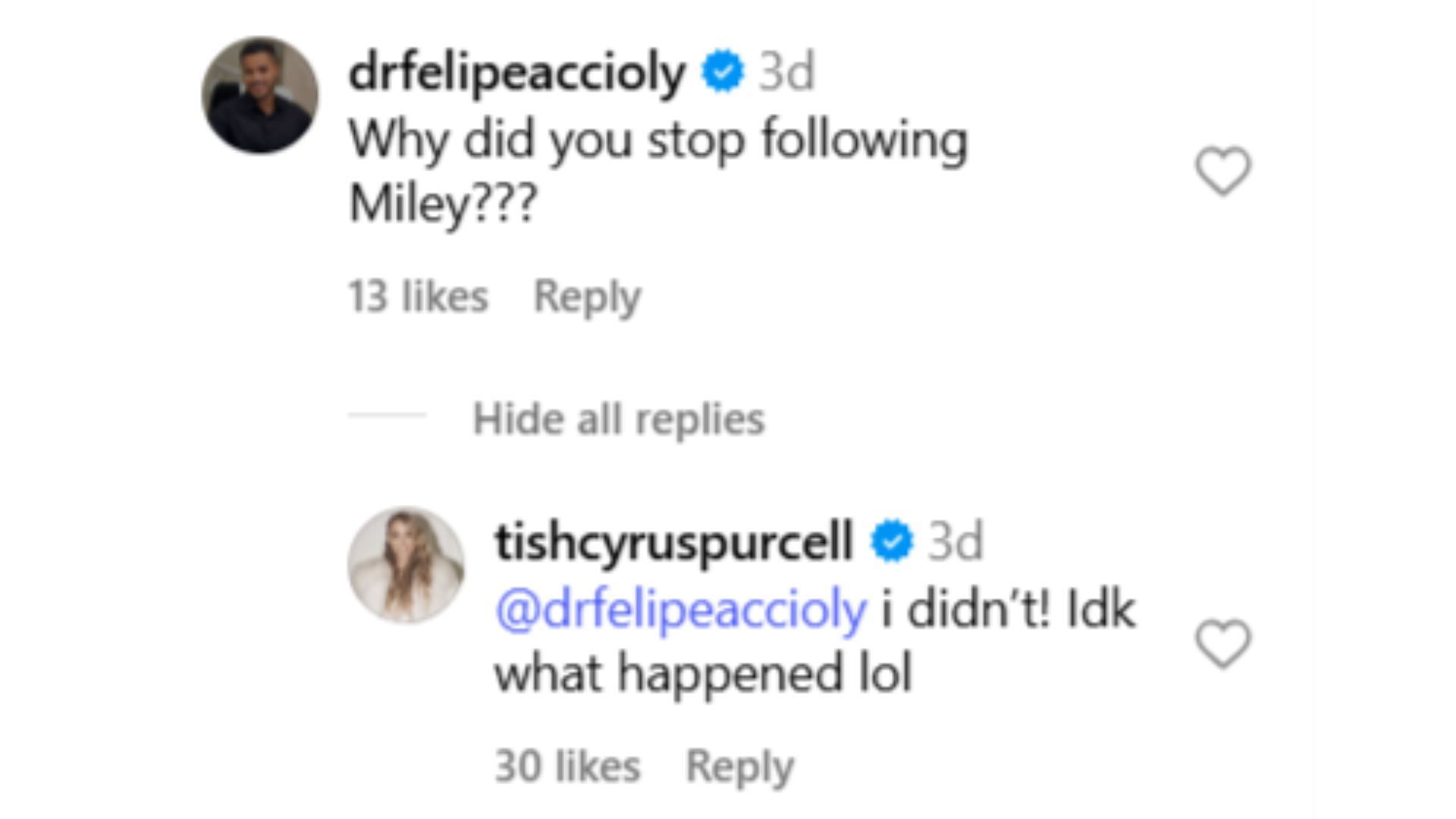 Miley's mother clarifying she didn't unfollow her on Instagram (Image via Instagram/@sorrywerecyrus)